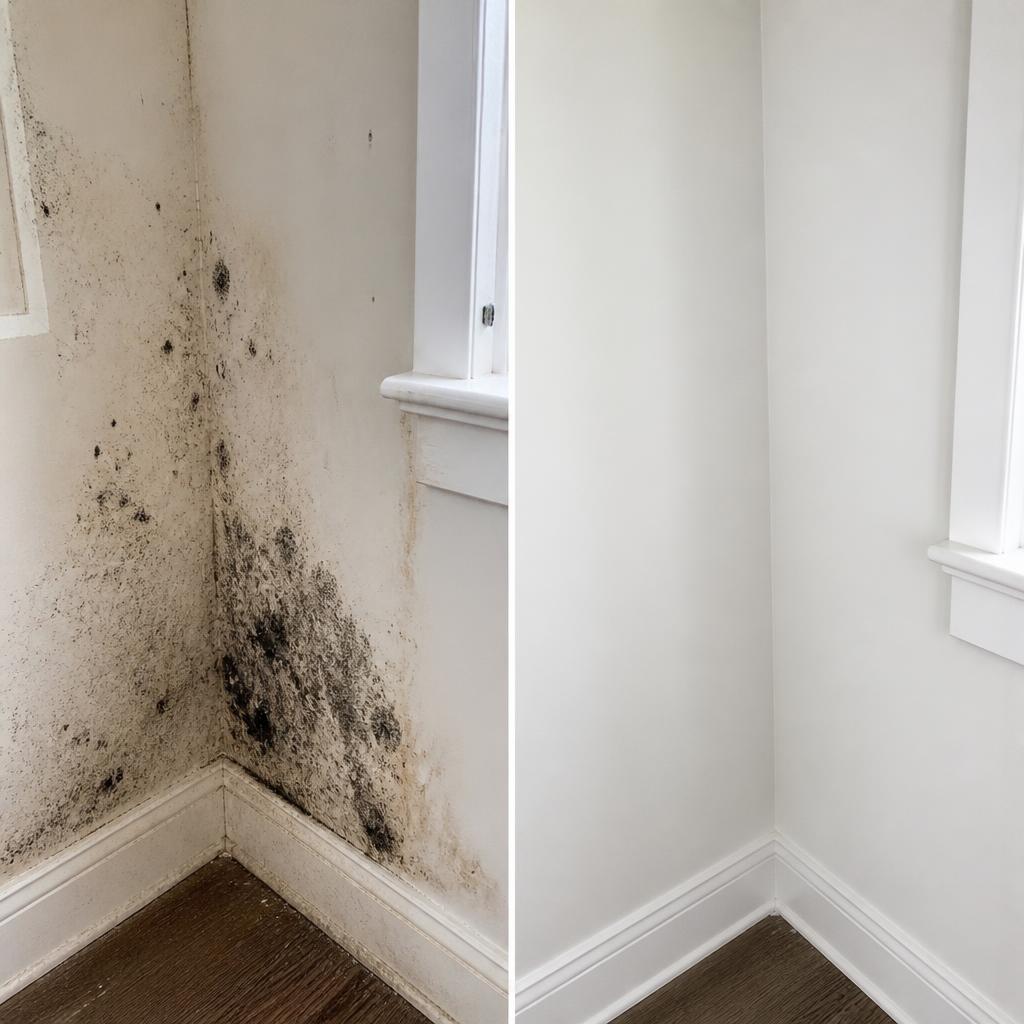 Before and after mold remediation on a residential wall corner