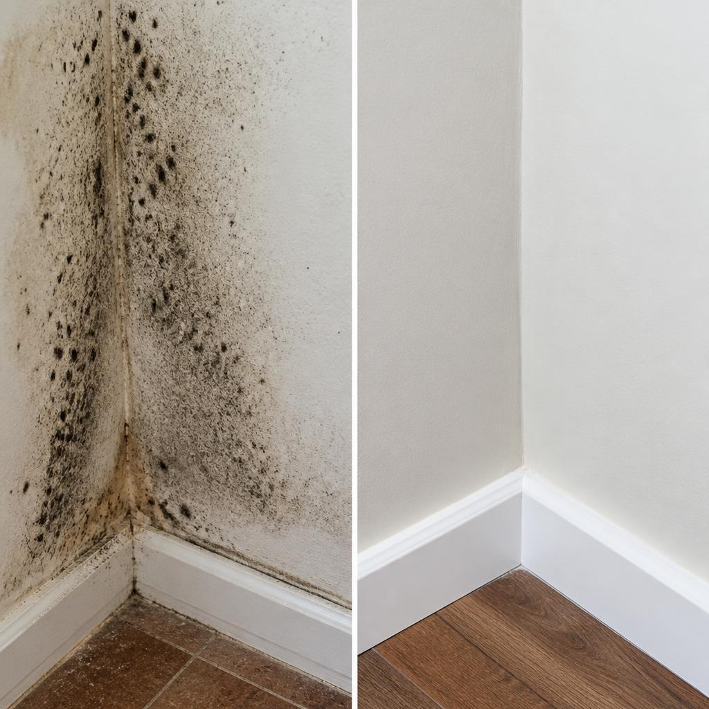 Before and after black mold remediation on a residential drywall corner in Glendale, CA