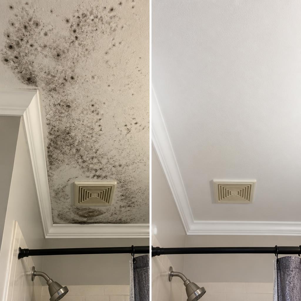 Before and after bathroom ceiling mold cleanup around a vent in a Los Angeles home