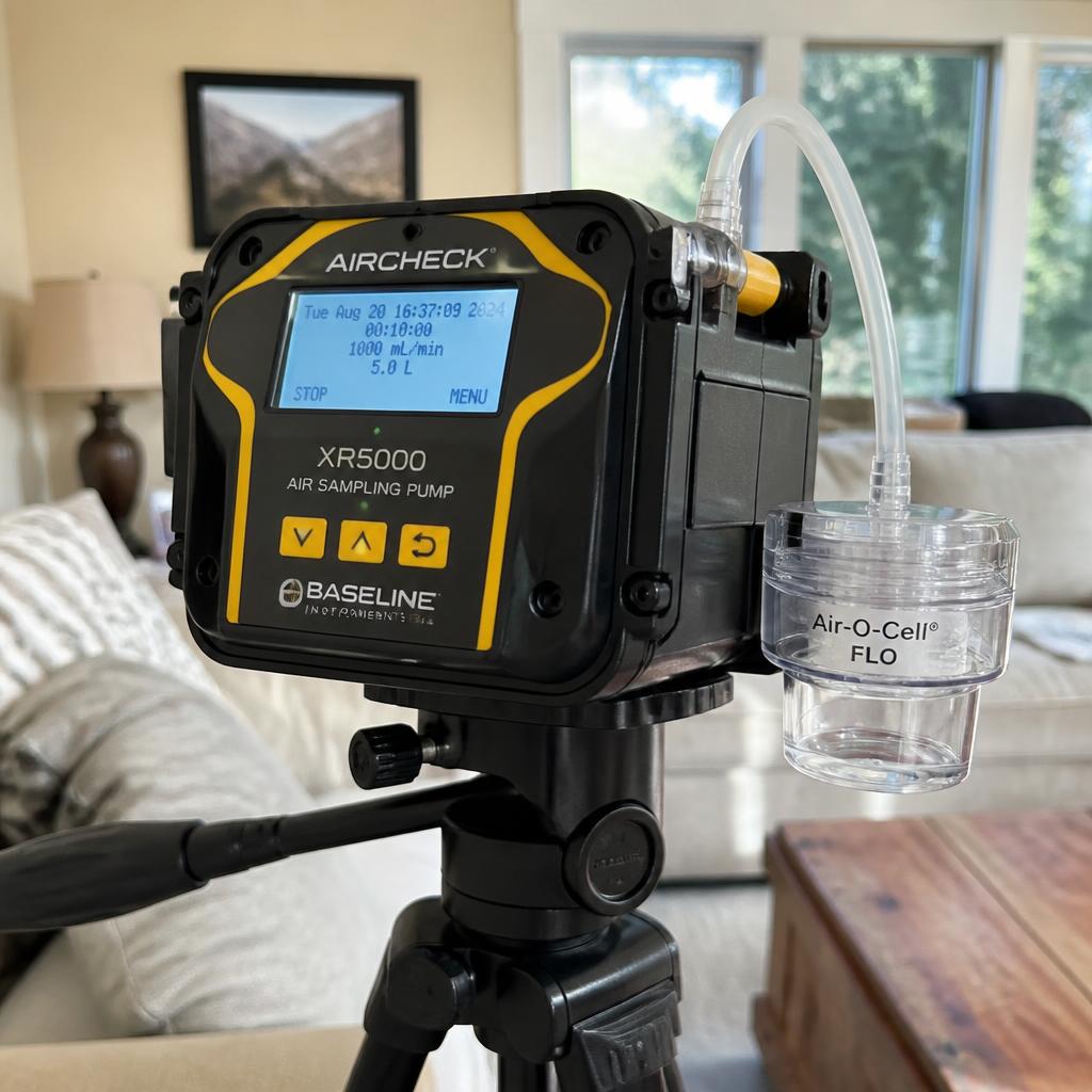 AirCheck XR5000 professional air sampling pump with Air-O-Cell spore trap on a tripod