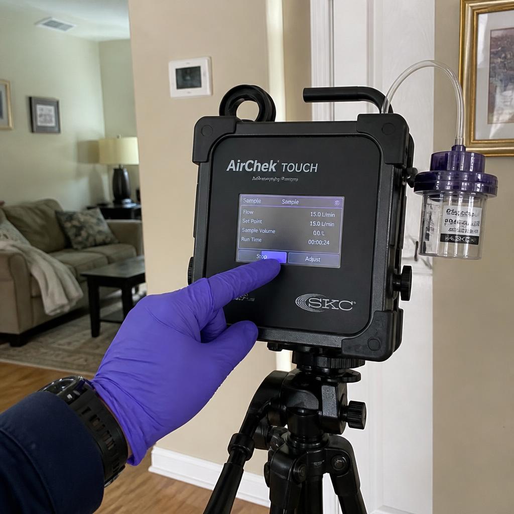Air sampling pump with spore trap cassette on a tripod