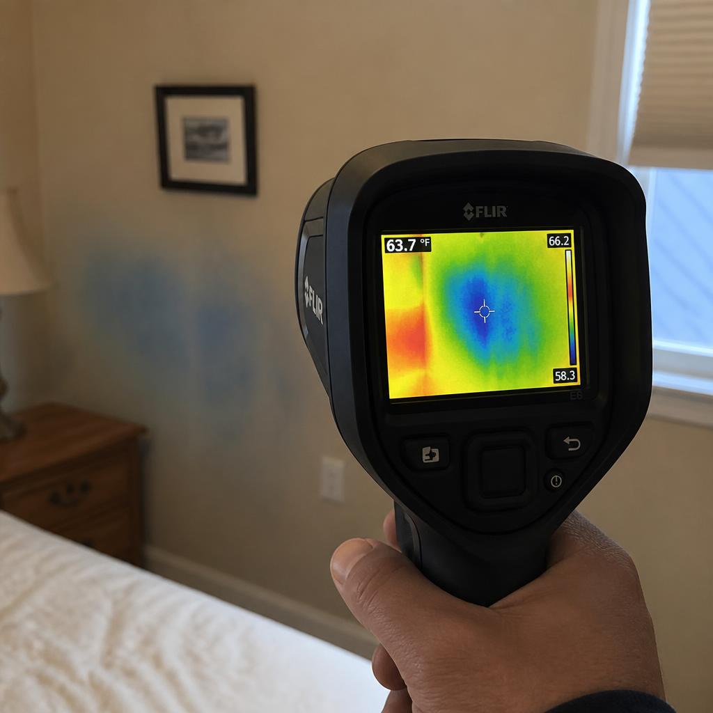 FLIR thermal imaging camera revealing a cold spot from hidden moisture inside a bedroom wall