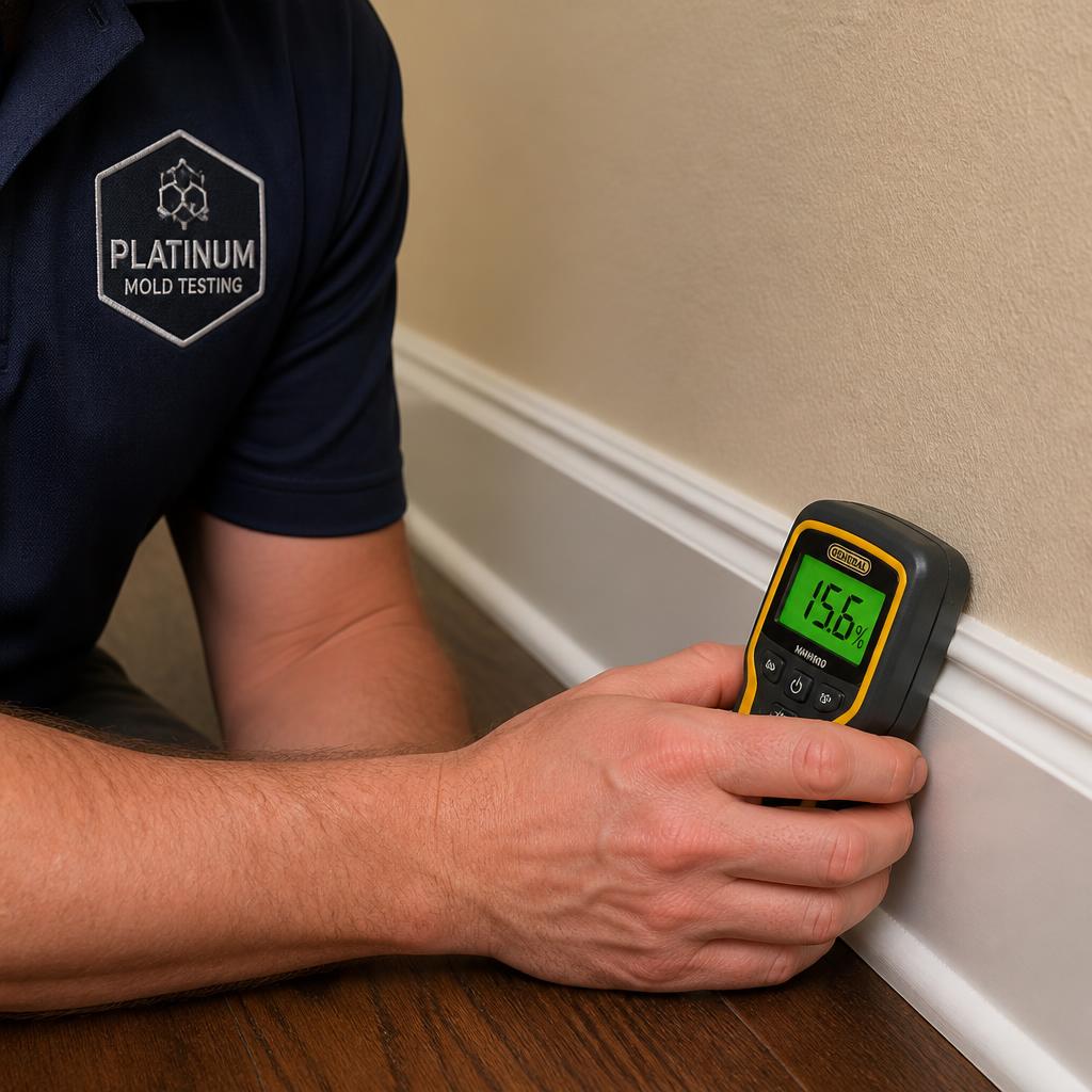 Platinum Mold Testing inspector taking a moisture-meter reading on a baseboard during a mold inspection
