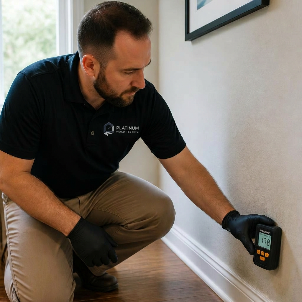Platinum Mold Testing inspector using a moisture meter on a baseboard
