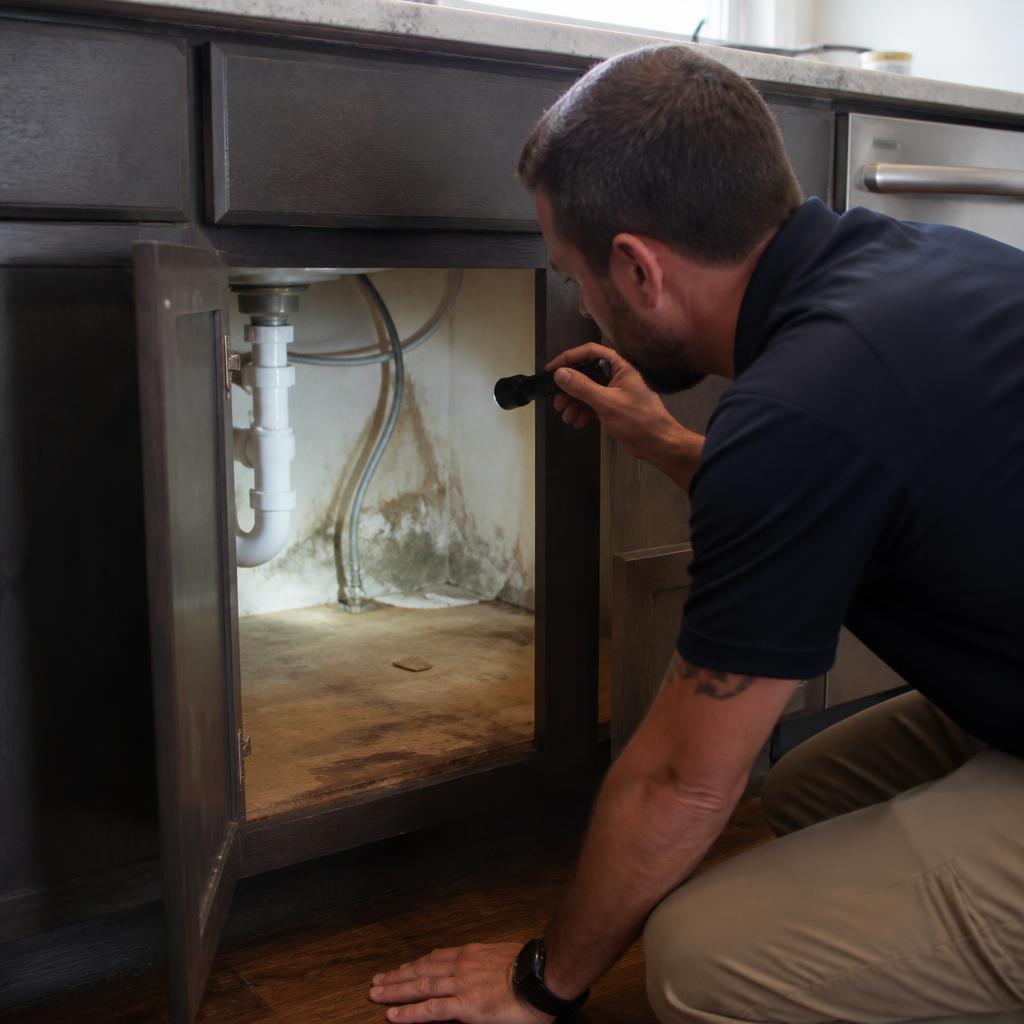 Inspector examining a leak under a kitchen sink cabinet