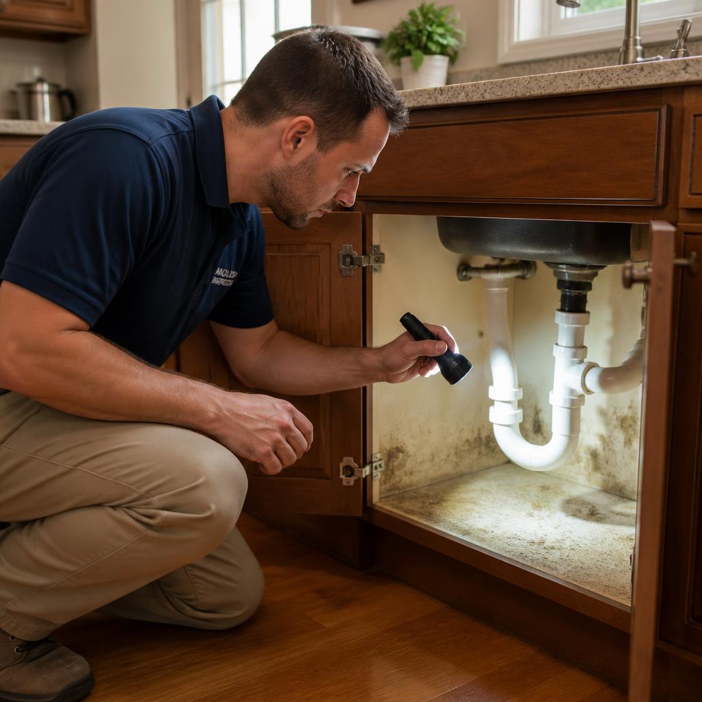 Certified mold inspector checking a kitchen sink cabinet for hidden leaks and mold growth