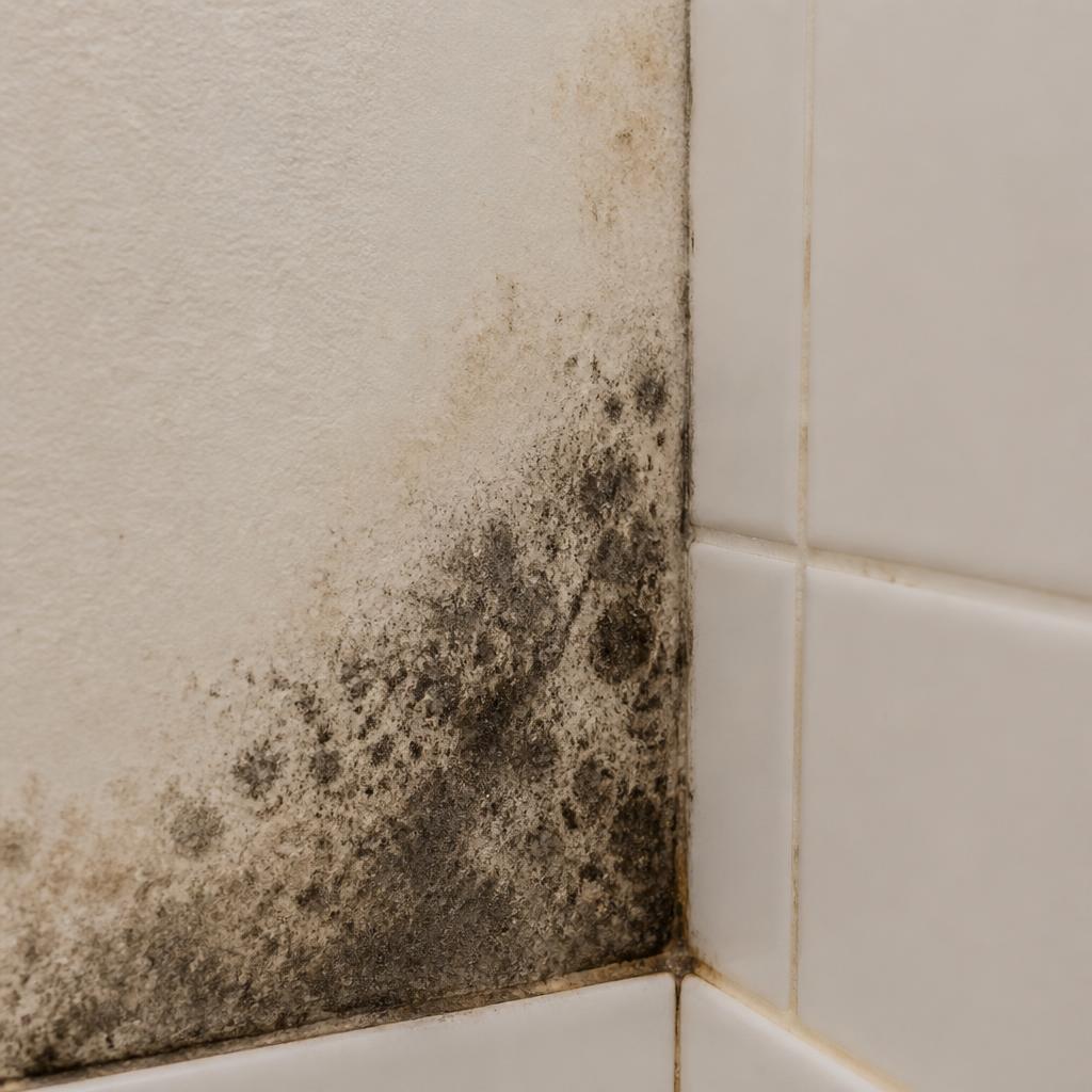 Close-up of wall moisture and mold near bathroom tile