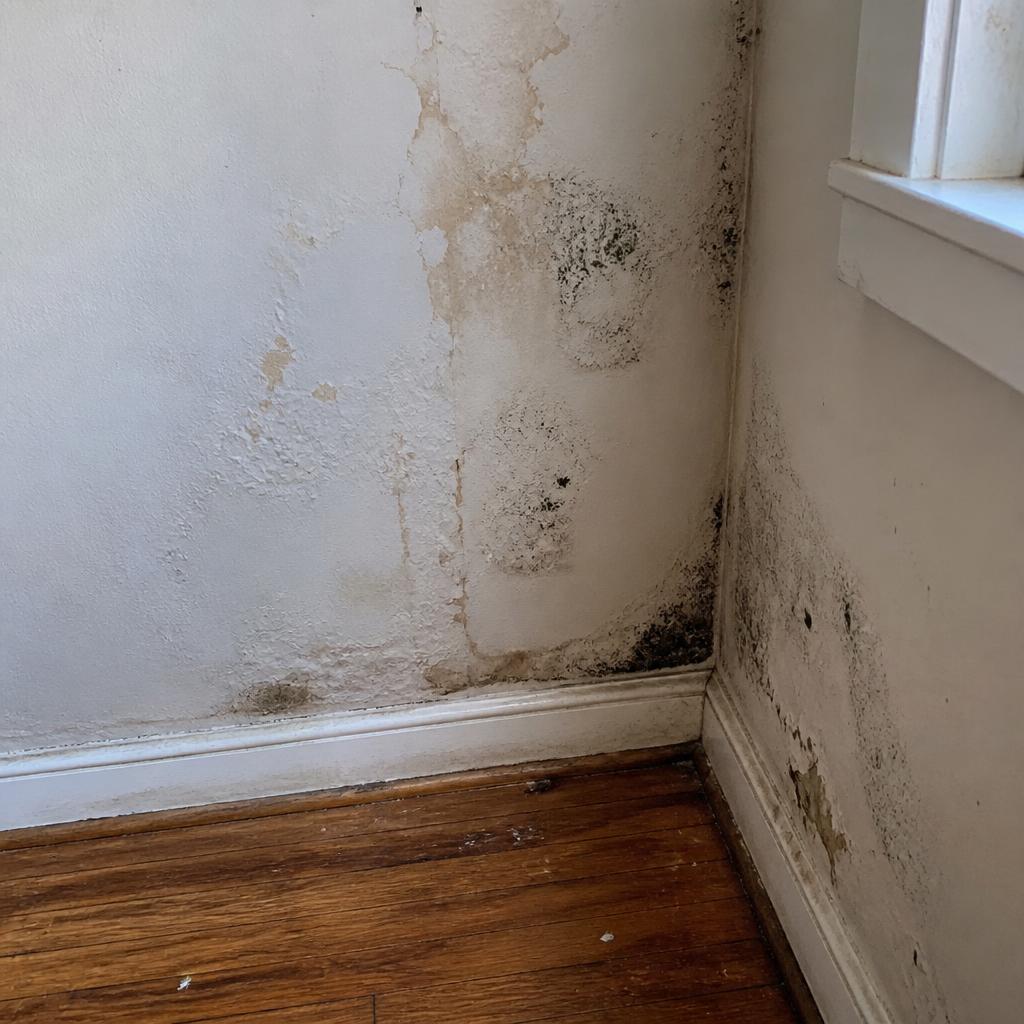 Water damage staining and mold growth on an interior wall