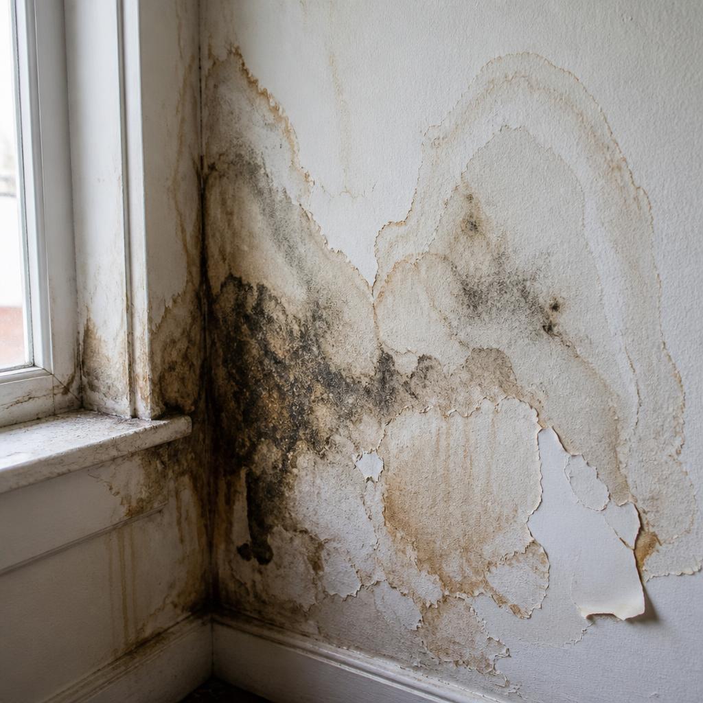 Severe water damage staining and dark mold growth beside a window frame